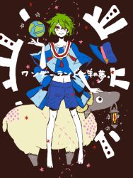 Rule 34 | androgynous, barefoot, building, dotted line, earth (planet), gender request, green eyes, green hair, hat, lamp, mam233, matching hair/eyes, midriff, navel, planet, poncho, sheep, short hair, shorts, smile, solo, star (symbol), vocaloid, wonderland to hitsuji no uta (vocaloid)