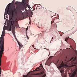 Rule 34 | 2girls, ^ ^, absurdres, anger vein, animal ears, black hair, blush, bow, cat ears, cat tail, closed eyes, commentary, fang, frilled sleeves, frills, frown, fujiwara no mokou, hair bow, hand on another&#039;s chin, heart, highres, hime cut, houraisan kaguya, long hair, long sleeves, multiple girls, one eye closed, pants, pink shirt, red eyes, red pants, red skirt, shirt, simple background, skin fang, skirt, smile, somei ooo, spoken anger vein, symbol-only commentary, tail, touhou, twitter username, very long hair, white background, white bow, white hair, white shirt, wide sleeves, yuri