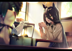 Rule 34 | 1girl, 1other, ahoge, animal ears, black hair, black skirt, blurry, blurry foreground, chair, cup, earrings, elbow rest, flat chest, hair between eyes, holding, holding cup, horse ears, indoors, jewelry, long hair, long sleeves, manhattan cafe (umamusume), neck ribbon, open mouth, plant, potted plant, ribbon, shirt, shirt tucked in, single earring, sitting, skirt, smile, table, teacup, tks (526tks), umamusume, upper body, white shirt, window, yellow eyes, yellow shirt