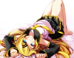 Rule 34 | 1girl, aged up, armpits, arms up, bare legs, barefoot, bed sheet, black skirt, blonde hair, blue eyes, blush, collarbone, detached sleeves, future style (module), hair ornament, hairclip, highres, kagamine rin, knees up, legs together, long hair, long sleeves, looking at viewer, lying, miniskirt, nail polish, neckerchief, on back, pleated skirt, project diva (series), shirt, simple background, skirt, solo, swept bangs, tareme, tsukishiro saika, very long hair, vocaloid, white background, white shirt, yellow nails, yellow neckerchief