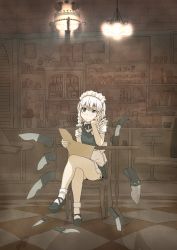 Rule 34 | 1girl, bad id, bad pixiv id, chair, chandelier, checkered floor, coffee maker, cup, cupboard, drinking glass, female focus, floor, head rest, headdress, highres, interior, izayoi sakuya, kitchen, knife, crossed legs, loaded interior, maid, plant, potted plant, samidare (hoshi), sitting, solo, table, touhou, wine glass