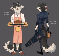 Rule 34 | 3boys, apron, before and after, black footwear, black fur, black gloves, black sclera, blood, blood on face, blue eyes, blue pants, blue suit, body fur, cerberus, collared shirt, colored sclera, disembodied head, dog boy, facing viewer, fangs, fingernails, formal, full body, furry, furry male, gloves, grey background, highres, holding, holding head, juanmao, long sleeves, looking back, mitten, multiple boys, multiple heads, multiple views, original, oven mitts, pants, pink apron, severed head, sharp fingernails, sharp teeth, shirt, sleeves pushed up, slippers, striped clothes, striped pants, striped suit, suit, tail, teeth, tongue, tongue out, weapon case, white fur, white shirt