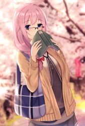 Rule 34 | 1girl, ahoge, bag, black skirt, blue eyes, blurry, blurry background, blush, book, bow, breasts, brown jacket, day, glasses, hair bow, handbag, hands up, highres, holding, holding book, jacket, kitsune udon (ai br), open book, outdoors, pink hair, plaid, red bow, school uniform, skirt, smile, standing