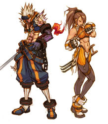 Rule 34 | 00s, 1boy, 1girl, abs, bandages, brown hair, chain, dungeon and fighter, fighter (dungeon and fighter), gloves, jacket, jewelry, necklace, ponytail, slayer (dungeon and fighter), spiked hair, sword, weapon, white hair