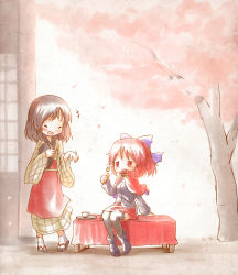 Rule 34 | +++, 2girls, :d, arinu, black legwear, blush, bow, brown hair, cape, cherry blossoms, dango, food, geta, gradient background, hair bow, hanami, japanese clothes, laughing, multiple girls, open mouth, petals, red eyes, red hair, sekibanki, sitting, skewer, skirt, smile, touhou, wagashi, wide sleeves