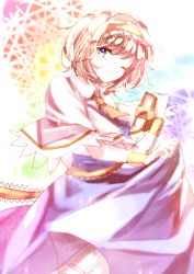 Rule 34 | 1girl, alice margatroid, ascot, blonde hair, blue eyes, book, capelet, gradient background, grimoire, hairband, holding, holding book, knora, one eye closed, short hair, smile, solo, touhou, wrist cuffs