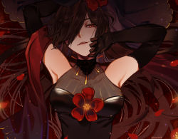 Rule 34 | 1girl, arm behind head, armpits, black hair, blush, breasts, dress, elbow gloves, fate/grand order, fate (series), flower, gloves, hair between eyes, hair over one eye, half-closed eyes, halter dress, halterneck, long hair, looking at viewer, lying, march ab, oda nobunaga (fate), oda nobunaga (koha-ace), on back, open mouth, petals, red eyes, red flower, sidelocks, smile, solo, twitter username