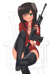 Rule 34 | 1girl, :q, ;q, a9b (louis814), absurdres, animal ears, breasts, brown hair, cleavage, dog ears, federica n. doglio, feet, green eyes, gun, highres, large breasts, long hair, one eye closed, open clothes, open shirt, shirt, sitting, solo, strike witches, thighhighs, tongue, tongue out, unbuttoned, weapon, weapon request, world witches series