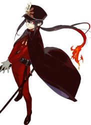 Rule 34 | 1boy, black cape, black hair, cape, fate/grand order, fate (series), full body, hat, long hair, looking at viewer, male focus, military, military uniform, oda nobukatsu (fate), oda nobuyuki (fate/grand order), pako (pakosun), ponytail, red eyes, shako cap, sidelocks, simple background, smile, solo, sword, uniform, weapon, white background