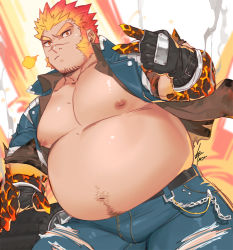Rule 34 | 1boy, bara, bare pectorals, belly, bulge, character request, check copyright, copyright request, denim, facial hair, fat, fat man, gomtang, gradient hair, jeans, large pectorals, long sideburns, male focus, mature male, lava, multicolored hair, muscular, muscular male, navel, navel hair, nipples, open clothes, open shirt, orange hair, pants, pectorals, red hair, short hair, sideburns, solo, stomach, stubble, thick thighs, thighs, tokyo houkago summoners, torn clothes, torn pants