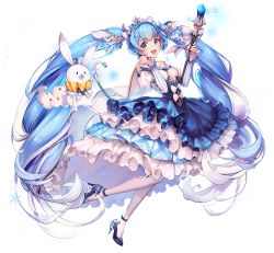 Rule 34 | 1girl, blue eyes, blue hair, blush, bow, cape, crown, curly hair, destiny child, dress, frilled dress, frilled sleeves, frills, full body, gem, hair ornament, hatsune miku, high heels, kkuem, long hair, looking at viewer, official art, open mouth, rabbit, smile, snowflake print, solo, strapless, strapless dress, transparent background, twintails, very long hair, vocaloid, white legwear, yuki miku