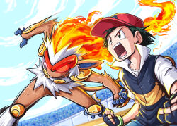 Rule 34 | 1boy, :o, absurdres, ash ketchum, baseball cap, black hair, blue jacket, brown eyes, clenched teeth, closed mouth, colored sclera, creatures (company), determined, fire, flame-tipped tail, game freak, gen 4 pokemon, gloves, glowing, glowing eyes, hat, highres, infernape, jacket, looking to the side, mixed-language commentary, monkey, nintendo, open mouth, outdoors, pokemon, pokemon (anime), pokemon (creature), pokemon dppt (anime), red headwear, red sclera, shirt, short hair, sleeveless, sleeveless jacket, stadium, t-shirt, teeth, tongue, tsunami hisoka, v-shaped eyebrows