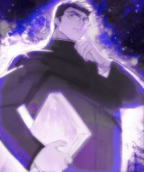 Rule 34 | 1boy, aura, bara, book, from below, gakuran, glasses, hand up, holding, holding book, looking at viewer, looking down, male focus, monochrome, motoori shiro, purple theme, school uniform, serious, short hair, solo, thick eyebrows, tokyo houkago summoners, tyou, upper body