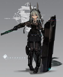 Rule 34 | 1girl, ahoge, animal ears, arm guards, armor, armored boots, asicah, belt, black footwear, black necktie, black pantyhose, black skirt, black sweater, blue eyes, boots, capelet, closed mouth, collared shirt, dated, emblem, expressionless, full body, glowing, grey background, grey hair, gun, hair between eyes, headgear, holding, holding gun, holding shield, holding weapon, knee boots, knee pads, long hair, long tail, low twintails, miniskirt, necktie, original, outstretched arm, pantyhose, pleated skirt, shield, shirt, simple background, skirt, solo, standing, sweater, tail, thigh strap, twintails, weapon, wing collar