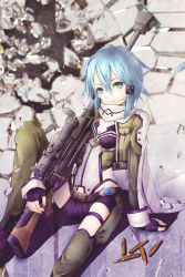 Rule 34 | 10s, 1girl, ajigo, ammunition, anti-materiel rifle, bad id, bad pixiv id, black shorts, blue eyes, blue hair, bolt action, breasts, bullet, cartridge, character name, cleavage, copyright name, gun, matching hair/eyes, pgm hecate ii, rifle, scope, short shorts, shorts, sinon, sitting, small breasts, sniper rifle, solo, sword art online, weapon