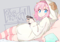 Rule 34 | 1girl, annoyed, bed sheet, blue eyes, closed mouth, flat screen tv, from behind, grey background, hair between eyes, hair ornament, hairclip, handheld game console, highres, holding, hood, hoodie, horns, kanase (mcbrwn18), looking at viewer, looking back, lying, on side, original, pillow, pink hair, playing games, sheep horns, solo, striped clothes, striped thighhighs, television, thighhighs, v-shaped eyebrows, white hoodie