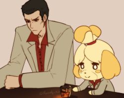 Rule 34 | 1boy, 1girl, alcohol, animal crossing, animal ears, bell, black hair, blush stickers, crossover, cup, dog ears, dog girl, drinking glass, facial hair, formal, frown, hair bell, hair ornament, isabelle (animal crossing), kiryu kazuma, meowdy nio, nintendo, open collar, ryuu ga gotoku (series), simple background, sitting, smile, stubble, suit, topknot