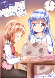 Rule 34 | 2girls, black skirt, blue eyes, blue hair, blush, bow, chair, clock, closed eyes, closed mouth, collared shirt, commentary request, frilled shirt, frills, gochuumon wa usagi desu ka?, hair between eyes, hair ornament, holding, hoto cocoa, kafuu chino, light brown hair, long hair, long sleeves, monday, multiple girls, on chair, parted lips, pink vest, pleated skirt, red bow, roman numeral, shirt, sitting, skirt, sleeping, sleeping upright, sleeves past wrists, smile, standing, sunday, table, tuesday, very long hair, vest, white shirt, white skirt, x hair ornament, xenon (for achieve)