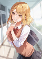 Rule 34 | 1girl, bag, blonde hair, blue skirt, blurry, blurry background, blush, bow, bowtie, brown vest, collared shirt, dress shirt, hair ornament, hairclip, hallway, hand up, highres, indoors, long sleeves, looking at viewer, medium hair, nail polish, open mouth, orange eyes, original, pleated skirt, red bow, red bowtie, school, school bag, school uniform, shirt, skirt, smile, solo, standing, v, vest, white shirt, window, zattape