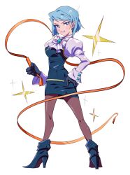 Rule 34 | 1girl, ace attorney, ankle boots, blue eyes, blue footwear, blue gemstone, blue gloves, blue hair, blue skirt, blue vest, blush stickers, boots, bow, bowtie, brooch, brown pantyhose, collared shirt, earrings, franziska von karma, full body, gem, gloves, grgrton, grin, hand on own hip, high heel boots, high heels, holding, holding whip, jewelry, juliet sleeves, long sleeves, looking at viewer, miniskirt, mole, mole under eye, pantyhose, pencil skirt, puffy sleeves, shirt, short hair, skirt, sleeve cuffs, smile, solo, sparkle, standing, swept bangs, twisted torso, vest, white bow, white bowtie, white shirt