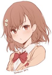 Rule 34 | 1girl, blush, bow, bowtie, brown eyes, brown hair, closed mouth, collared shirt, commentary, english commentary, flower, hair flower, hair ornament, jacket, looking at viewer, misaka mikoto, portrait, red bow, red bowtie, shirt, short hair, signature, simple background, solo, temachii, toaru majutsu no index, white background, white shirt, wing collar, yellow jacket