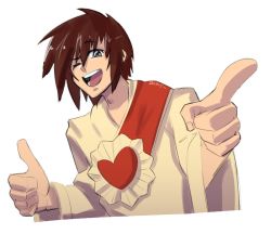 Rule 34 | 1boy, artist name, brown hair, brown robe, buddy christ, commentary, cosmikaizer, cosplay, dogma (film), english commentary, gundam, gundam seed, jesus, jesus (cosplay), kira yamato, looking to the side, male focus, meme, one eye closed, open mouth, purple eyes, robe, smile, solo, the bible, thumbs up, upper body, white background