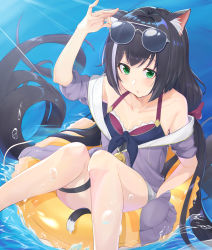 Rule 34 | 1girl, animal ear fluff, animal ears, black hair, cat ears, cat girl, cat tail, closed mouth, green eyes, highres, innertube, karyl (princess connect!), karyl (summer) (princess connect!), long hair, ocean, princess connect!, shimon (31426784), solo, sunglasses, swim ring, swimsuit, tail, thigh strap, very long hair