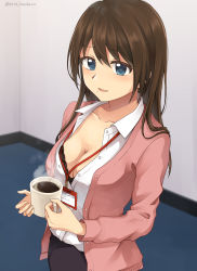 Rule 34 | 1girl, black skirt, blue eyes, blush, breasts, brown hair, cardigan, cleavage, coffee, collared shirt, commission, cup, dress shirt, highres, holding, holding cup, indoors, lanyard, long hair, long sleeves, looking at viewer, office lady, open mouth, original, partially unbuttoned, pencil skirt, pink cardigan, pixiv commission, setu kurokawa, shirt, signature, skirt, smile, solo, white shirt