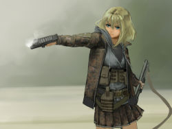 Rule 34 | 1girl, aqua eyes, bad id, bad pixiv id, belt pouch, blonde hair, camouflage, coat, completion time, digital camouflage, furukawa herzer, gangsta hold, glaring, gun, highres, holster, kriss vector, long hair, looking to the side, open clothes, open coat, pouch, shotgun, simple background, skirt, smoke, smoking gun, solo, submachine gun, weapon, zipper