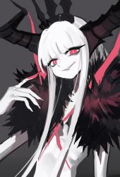 Rule 34 | blood on hands, bloody hand, colored skin, fur collar, grey background, grin, horns, jong tu, long hair, looking at viewer, original, pixiv fantasia, pixiv fantasia revenge of the darkness, red eyes, slit pupils, smile, solo, upper body, white hair, white skin