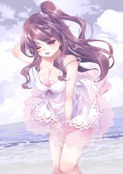Rule 34 | 1girl, 54hao, arm behind head, arm up, bare arms, bare shoulders, breasts, brown hair, cleavage, cloud, cloudy sky, commentary request, covering privates, covering crotch, day, dress, feet out of frame, highres, horizon, long hair, medium breasts, ocean, one eye closed, open mouth, original, outdoors, purple eyes, side ponytail, sky, sleeveless, sleeveless dress, solo, standing, strapless, strapless dress, very long hair, water, white dress