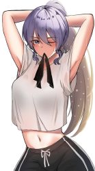 Rule 34 | 1girl, absurdres, adjusting hair, alternate costume, armpits, arms behind head, arms up, blush, breasts, hair tie, hair tie in mouth, hands in hair, highres, hololive, hololive indonesia, large breasts, long hair, looking at viewer, moona hoshinova, mouth hold, navel, one eye closed, ponytail, purple hair, ribbon, ribbon in mouth, rissa (user chiwa2385), shirt, simple background, solo, tying hair, virtual youtuber