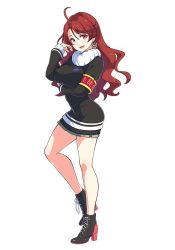 Rule 34 | 1girl, ahoge, black footwear, black shirt, boots, breasts, earrings, full body, green skirt, jewelry, large breasts, long hair, long sleeves, looking at viewer, magicami, miniskirt, official art, ohtori aka, open mouth, red eyes, red hair, shirt, sidelocks, skirt, smile, sweater, transparent background, white sweater