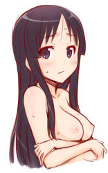 Rule 34 | 1girl, akiyama mio, bad id, bad pixiv id, black hair, blue eyes, blush, breast hold, breasts, completely nude, crossed arms, female focus, from side, ha-ru, k-on!, long hair, nipples, nude, simple background, solo, sweat, topless frame, upper body