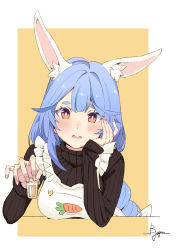 Rule 34 | 1girl, absurdres, animal ear fluff, animal ears, apron, black sweater, blue hair, border, braid, breasts, carrot print, chen yang yang, commentary request, cup, drinking glass, eyelashes, fingernails, food print, forehead, frilled apron, frills, hair between eyes, hand on own face, highres, hololive, light blush, long hair, looking at viewer, mature female, open mouth, orange eyes, peko-ma, pekomama, rabbit ears, rabbit girl, shot glass, signature, sleeves past wrists, solo, sweater, thick eyebrows, two-tone background, upper body, virtual youtuber, white apron, white border, yellow background
