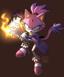 Rule 34 | 1girl, absurdres, artist logo, blaze the cat, fireball, gloves, highres, jacket, looking at viewer, magicbun, pants, purple jacket, shoes, simple background, solo, sonic (series), watermark, white gloves, white pants