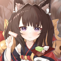 Rule 34 | 1girl, absurdres, amagi-chan (azur lane), animal ears, azur lane, blunt bangs, brown hair, collarbone, commentary request, eyeshadow, food, fox ears, fox girl, fox tail, highres, holding, holding food, japanese clothes, kimono, kitsune, kyuubi, long hair, looking at viewer, makeup, multiple tails, off shoulder, plate, purple eyes, recyan, rope, shimenawa, sidelocks, smile, solo, tail, thick eyebrows, twintails, wide sleeves