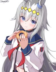 Rule 34 | 1girl, :t, ahoge, animal ears, blue eyes, blue sailor collar, commentary, doughnut, ear ornament, eating, emblem, food, grey hair, hair ornament, highres, holding, holding food, horse ears, horse girl, horse tail, long hair, long sleeves, looking at viewer, midriff, multicolored hair, navel, neckerchief, oguri cap (umamusume), red neckerchief, sailor collar, sailor shirt, sazamiso rx, shirt, signature, simple background, solo, tail, umamusume, upper body, very long hair, white background, white shirt