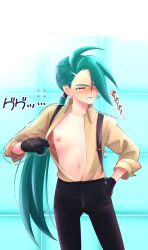 Rule 34 | 1girl, ahoge, black gloves, blush, clenched teeth, collared shirt, commentary request, creatures (company), dice77252, flat chest, game freak, gloves, green hair, hand on own hip, highres, long hair, looking to the side, navel, nintendo, nipples, open clothes, open shirt, opened by self, pants, parted lips, pokemon, pokemon sv, ponytail, red eyes, rika (pokemon), shirt, sleeves rolled up, solo, suspenders, tearing up, teeth, trembling, yellow shirt
