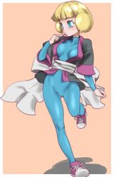 Rule 34 | 1girl, arm at side, bad id, bad pixiv id, blonde hair, blue bodysuit, blue eyes, blunt bangs, blush, bodysuit, breasts, closed mouth, collarbone, creatures (company), dougi, eyebrows, finger to mouth, frontier brain, full body, game freak, greta (pokemon), highres, index finger raised, leg up, legs apart, long sleeves, looking away, medium breasts, nintendo, open clothes, pink footwear, pokemon, pokemon rse, sash, shadow, shoelaces, shoes, short hair, sneakers, solo, standing, standing on one leg, turtleneck, zaitsu