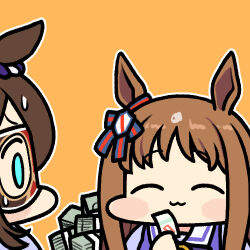 Rule 34 | 2girls, :3, animal ears, aqua eyes, betting ticket, blue bow, blush stickers, bow, brown hair, closed eyes, commentary, domino mask, ear bow, ear ornament, el condor pasa (umamusume), gambling, grass wonder (umamusume), horse ears, horse girl, jazz jack, lowres, maeda rena, mask, money, multiple girls, outline, red bow, sailor collar, school uniform, sidelocks, smile, striped, striped bow, summer uniform, sweat, tracen school uniform, two-tone bow, umamusume, upper body, voice actor connection, white sailor collar