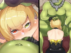 Rule 34 | 1girl, ass, bare shoulders, black dress, blonde hair, blush, braid, censored, cheek bulge, colored skin, dress, fellatio, from above, from behind, green skin, hanazawa suou, hand on another&#039;s head, hand up, heterochromia, highres, legs, looking at viewer, mask, medium hair, mosaic censoring, multiple views, navel, nose blush, oral, orc, original, penis, pov, single braid, sitting, solo focus, speed lines, spread legs, thighs