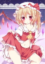 Rule 34 | 1girl, ai 1003, ascot, blonde hair, blush, bow, chestnut mouth, crystal, flandre scarlet, frilled shirt collar, frilled sleeves, frills, gradient background, hat, hat bow, highres, jpeg artifacts, lace, long hair, looking at viewer, mob cap, navel, one side up, parted lips, petticoat, puffy short sleeves, puffy sleeves, purple background, red bow, red eyes, red skirt, red vest, shirt, short sleeves, skirt, skirt hold, skirt set, solo, sparkle, touhou, tsurime, vest, white hat, white shirt, wings, wrist cuffs, yellow ascot