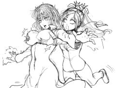 Rule 34 | 2girls, grabbing another&#039;s breast, breasts, dress, female focus, fubuki (one-punch man), grabbing, mind control, monochrome, multiple girls, one-punch man, sansetsukon no lily, sketch, white background, yuri