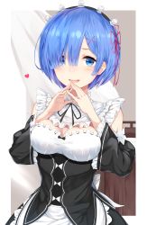 Rule 34 | 1girl, :d, apron, bare shoulders, bed, black dress, black ribbon, blue eyes, blush, bow, breasts, cleavage, commentary request, curtains, detached collar, detached sleeves, dress, frilled sleeves, frills, hair ornament, hair over one eye, hair ribbon, hairband, hairclip, heart, highres, lolita hairband, long sleeves, looking at viewer, maid, medium breasts, open mouth, own hands together, pink ribbon, re:zero kara hajimeru isekai seikatsu, rem (re:zero), ribbon, ribbon-trimmed dress, short hair, smile, solo, upper body, waist apron, white apron, white bow, x hair ornament, yamato (muchuu paradigm)