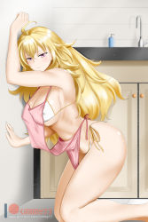 Rule 34 | 1girl, against wall, ahoge, apron, bare shoulders, bikini, blonde hair, blush, breasts, cleavage, closed mouth, covered erect nipples, hair between eyes, highres, indoors, kimmy77, kitchen, kneeling, large breasts, long hair, looking at viewer, nearly naked apron, pink apron, profile, purple eyes, rwby, shiny skin, side-tie bikini bottom, solo, sweat, swimsuit, underboob, wavy hair, white bikini, yang xiao long