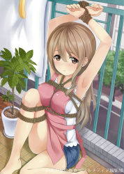 Rule 34 | 1girl, apron, armpits, arms up, bad id, bad pixiv id, balcony, bare legs, barefoot, bdsm, between breasts, blanket, blush, bondage, bound, bound wrists, breast bondage, breasts, brown eyes, brown hair, denim, denim shorts, hair between eyes, highres, knee up, long hair, looking at viewer, on floor, original, outdoors, parted lips, pink apron, plant, potted plant, railing, restrained, road, rope, shirt, short shorts, shorts, sitting, sleeveless, sleeveless shirt, solo, street, tree, watermark, white shirt