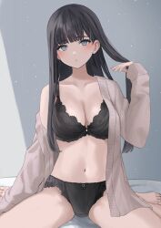 Rule 34 | 1girl, bad id, bad pixiv id, bare shoulders, black bra, black hair, black panties, blue eyes, bra, breasts, cleavage, collarbone, crotch seam, grey jacket, hand up, highres, jacket, large breasts, lingerie, long hair, long sleeves, looking at viewer, mole, mole on breast, navel, off shoulder, open clothes, open jacket, original, panties, parted lips, sitting, solo, stomach, sutochan, thighs, underwear, wariza