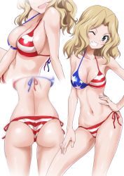 Rule 34 | 10s, 1girl, american flag bikini, ass, bad id, bad twitter id, bare arms, bare legs, bare shoulders, bikini, blonde hair, blue eyes, breasts, cleavage, collarbone, flag print, gin&#039;you haru, girls und panzer, grin, halterneck, halterneck, hand on own hip, head out of frame, highres, inactive account, kay (girls und panzer), large breasts, long hair, looking at viewer, multiple views, one eye closed, side-tie bikini bottom, sideboob, simple background, smile, swimsuit, white background