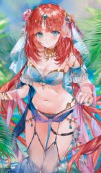 Rule 34 | 1girl, absurdres, bare shoulders, blue gemstone, breasts, circlet, day, flower, gem, genshin impact, harem outfit, highres, jewelry, long hair, looking at viewer, medium breasts, midriff, navel, neck ring, nilou (genshin impact), outdoors, panties, pink flower, pink rose, plant, red hair, rose, sidelocks, solo, stomach, swimsuit, thighlet, thighs, twintails, underwear, utsuhostoria, very long hair, white veil